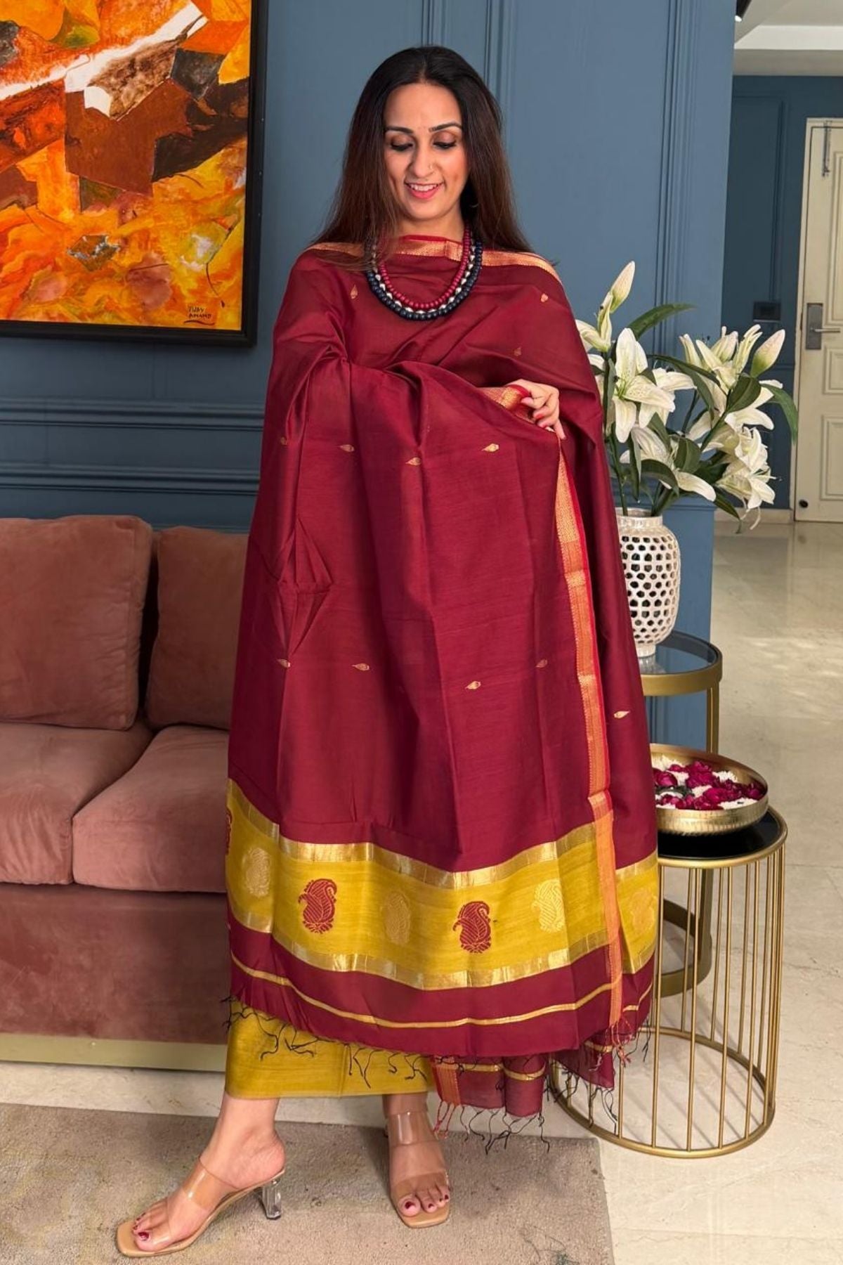 Maheshwari handloom silk by cotton kurta dupatta set